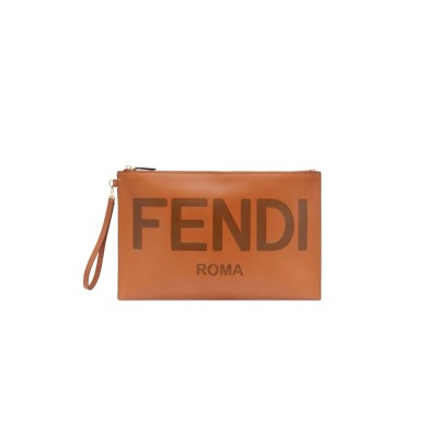 FENDI VITELLO KING LOGO EMBOSSED LARGE FLAT POUCH CUOIO 8N0178AC9LF0QVK (35*23*1cm)